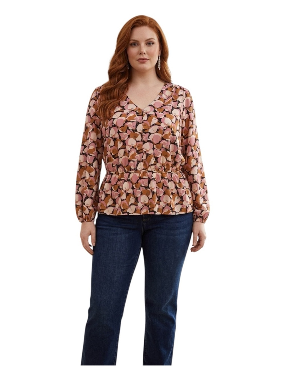 Plus Size XXL Nine West Pink and Brown Floral V-Neck Peplum Blouse